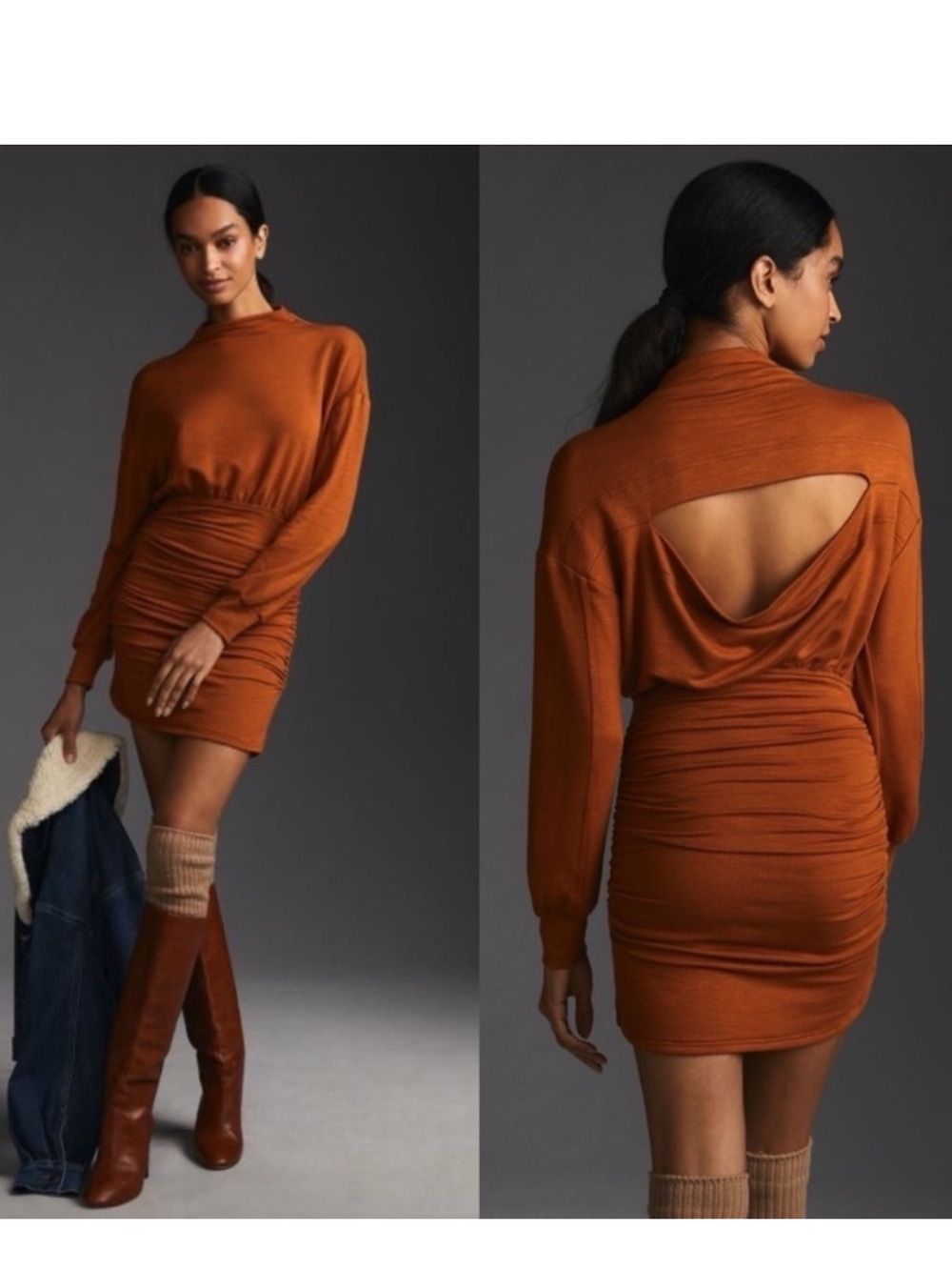 Anthropologie Rust Orange Ruched Long Sleeve Midi Dress